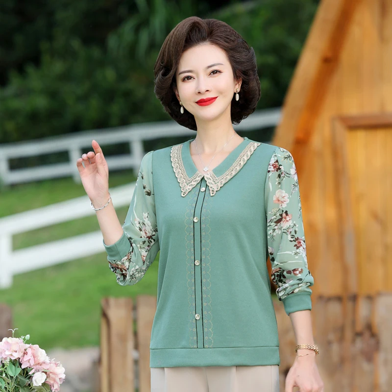 

Middle Age Women Spring Autumn Lace Bottom T-Shirts Pullovers Mother Long Sleeve Tops Casual Women Blouses