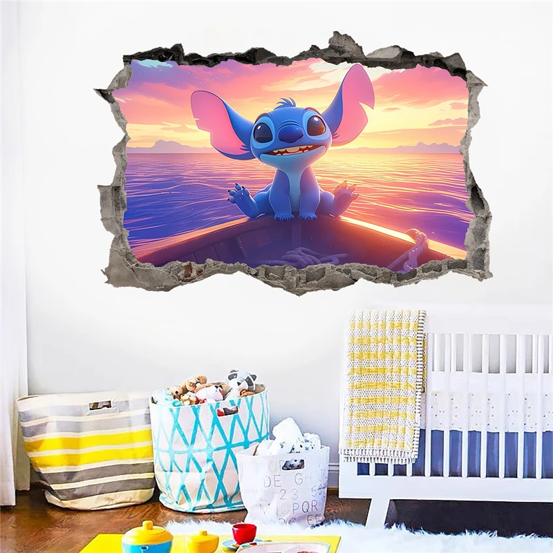 Colorful Lilo & Stitch wall stickers arranged on a child’s bedroom wall, featuring playful poses and tropical elements colorful