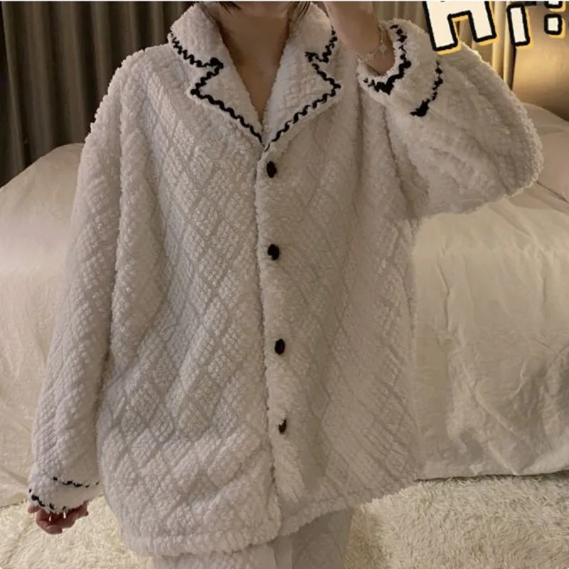 2024 New Korean Version Pajamas Women's Winter Coral Velvet Sleepwear Thickened Plush Warm Loungewear Flannel Homewear Set