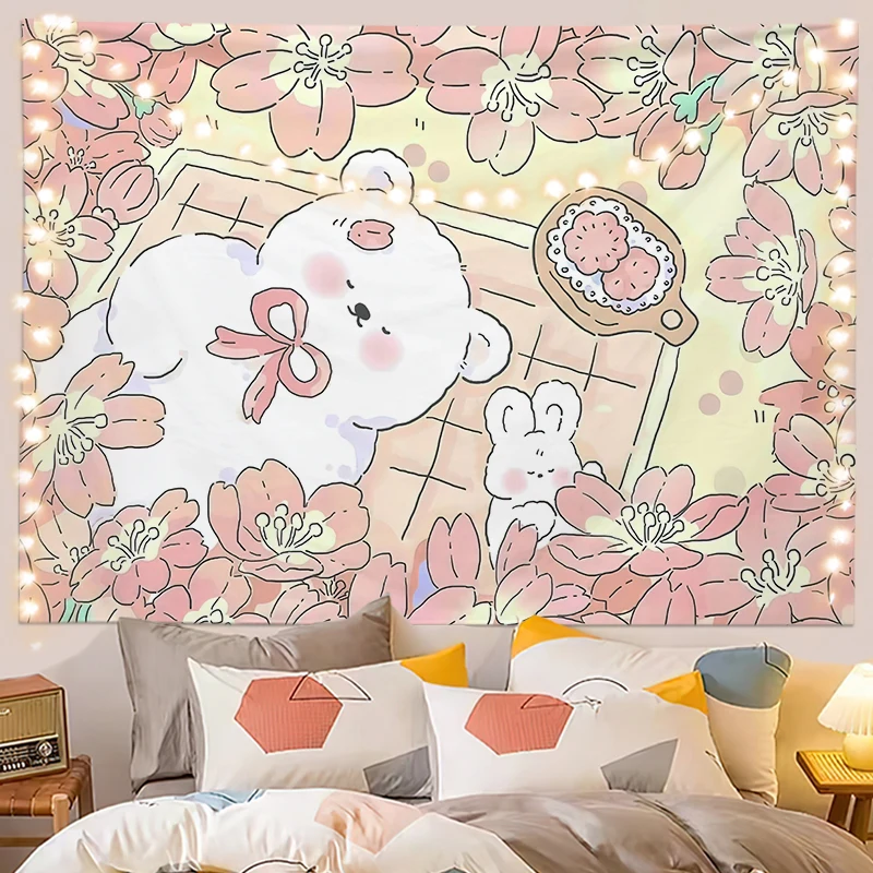 

Tapestry Custom Healing Bear and Rabbit Kawaii Background Hanging Cloth Girls Room Bedroom Dormitory Decorative Wall Tapestries