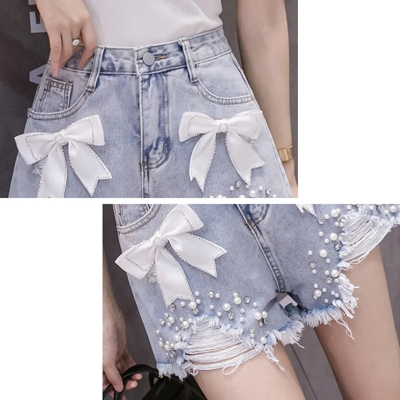 Sexy Bow Beaded High Waist Denim Shorts 2023 Summer New Bright Diamond Raw Edge Wide Leg Hot Pants Korean Fashion Women's Jeans