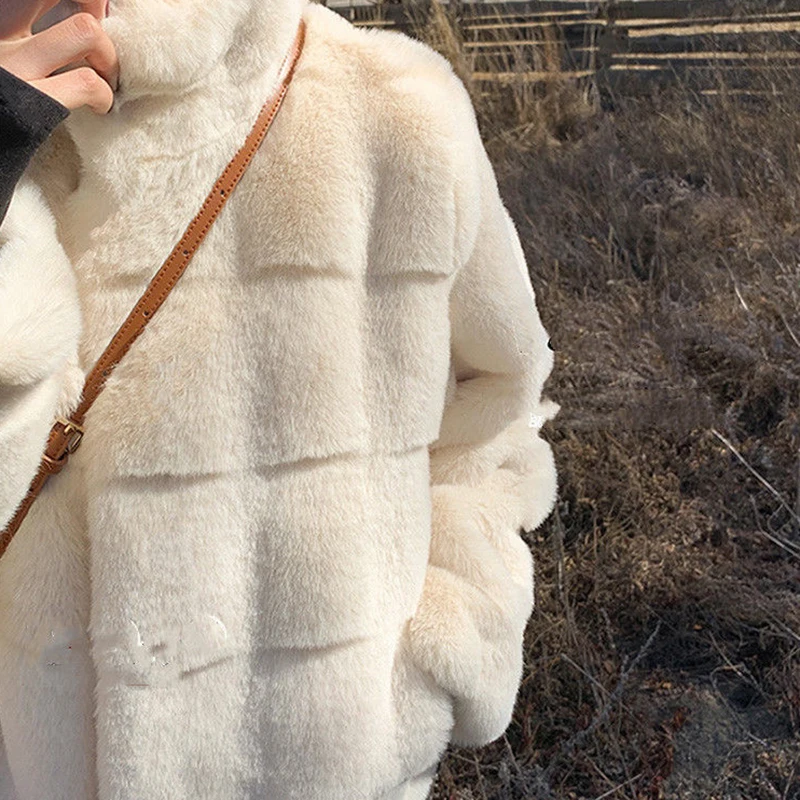 Women Cropped Faux Mink Fur Coat Korean Style Warm Lined Winter Jacker 2024 All-Match Stand Collar Loose Fluffy Outwear Thick