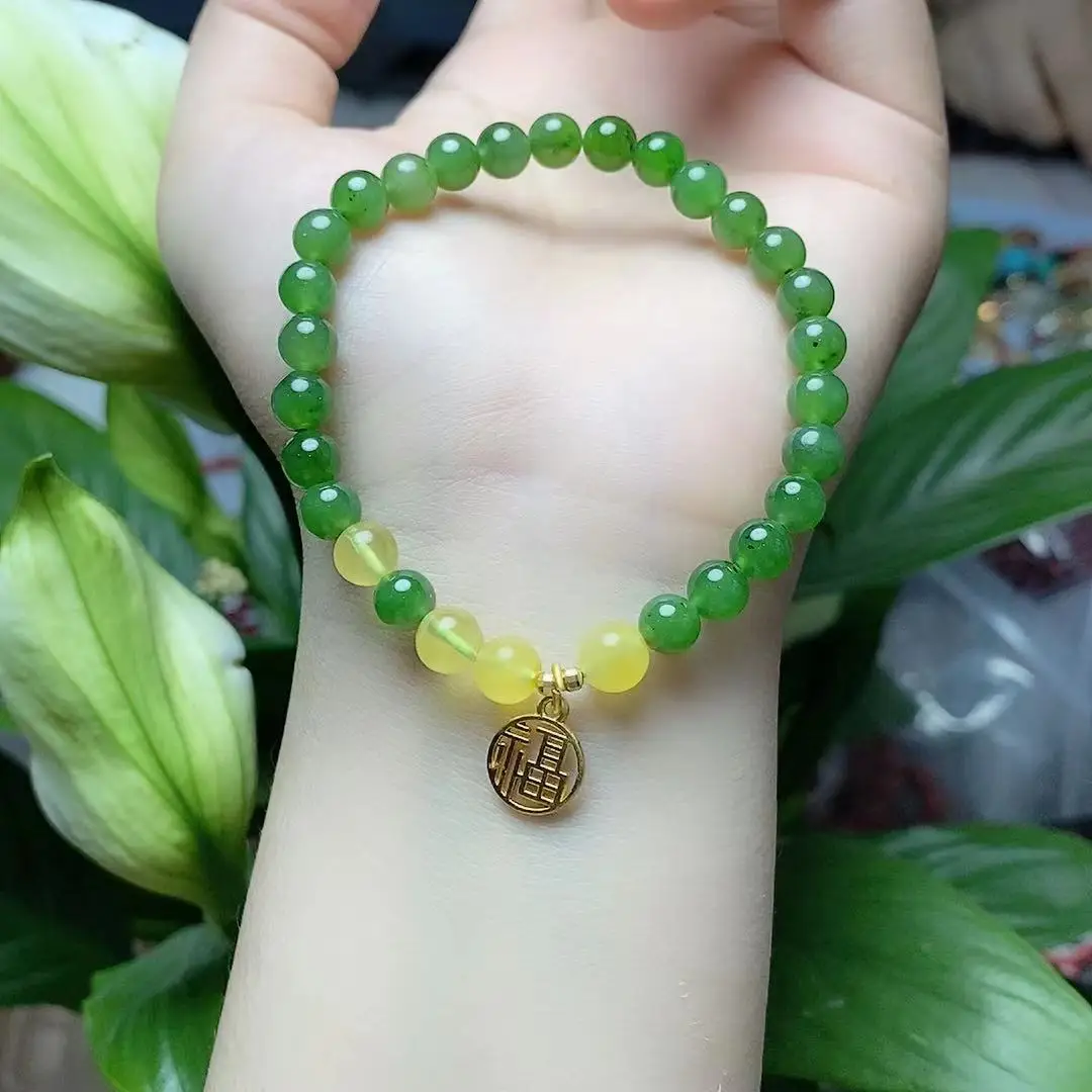 

Authentic Hotan Jade jasper hand string wax with beads Xiaofu brand bracelet for girlfriend's birthday gift about 6mm