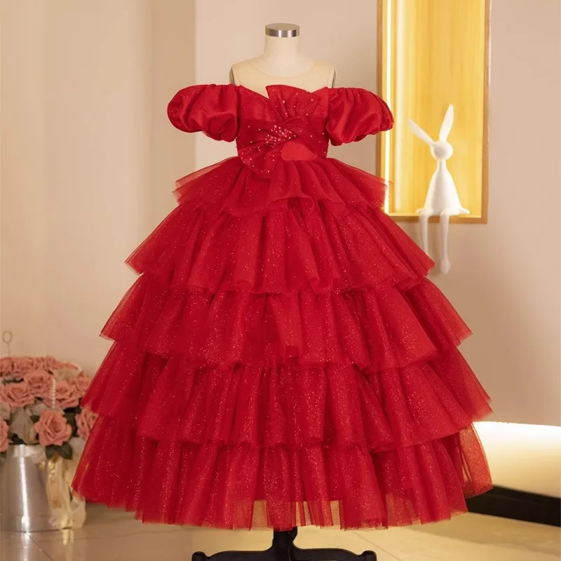 

Real Picture Red Flower Girl Dresses Cinderella Wedding Party Gown Cap Sleeve Ruffle Corset Puffy Kids Pageant Party Dress Prom
