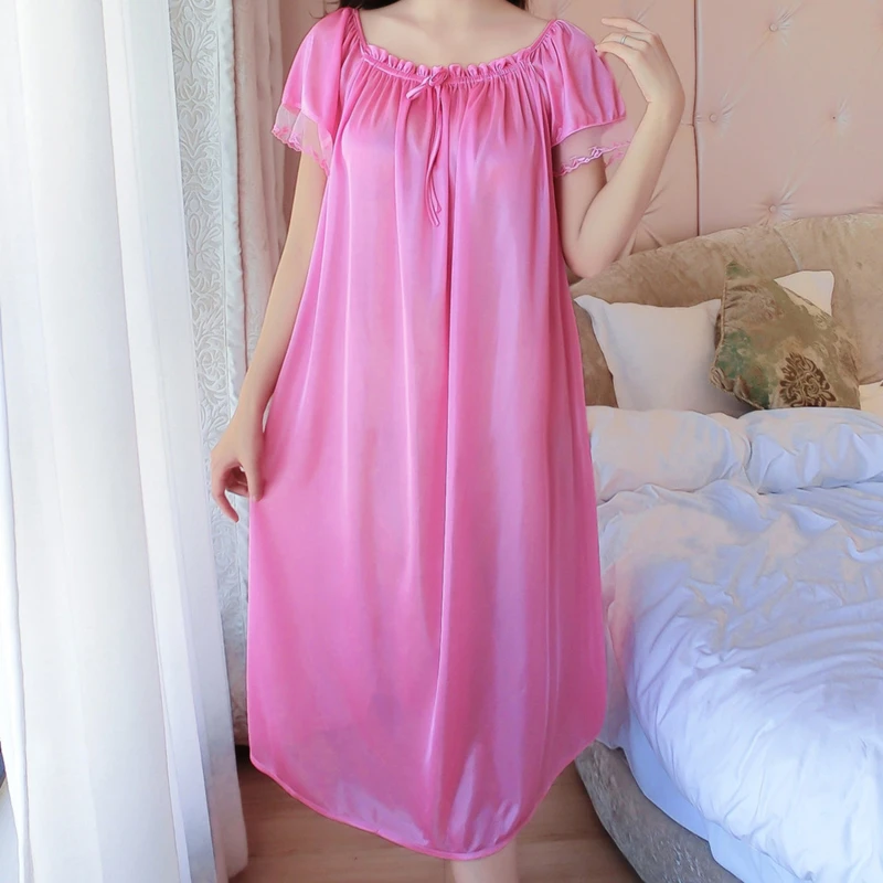Women Night Gowns Sleepwear Lace Patchwork Nightwear Long Sleeping Dress Casual Ladies Home Dressing