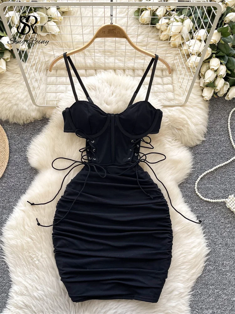 SINGREINY Women Sexy Folds Sheath Dress Sleeveless Bandage Design Slim Dresses Fashion Hollow Out Sensual Camis Club Print Dress 3