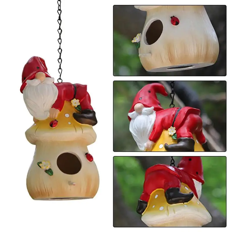 

Mushroom Gnome Hangable Birdhouse for Outside Decorative Pet Cottage Distressed Hand-Painted Wild Nesting Box for Bluebird