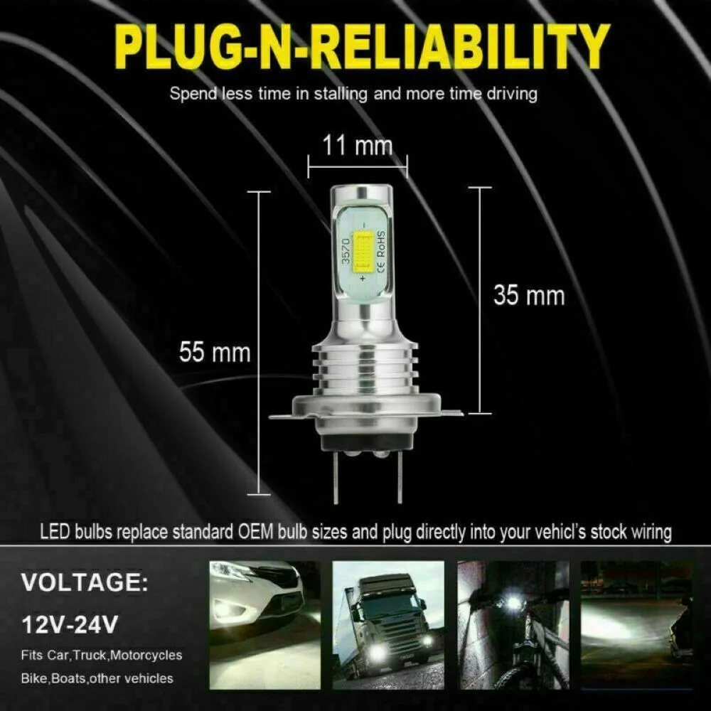 2pcs H 7 LED Car Headlight 80W COB DRL Canbus 12-24V 6500K Lamp Bulb White