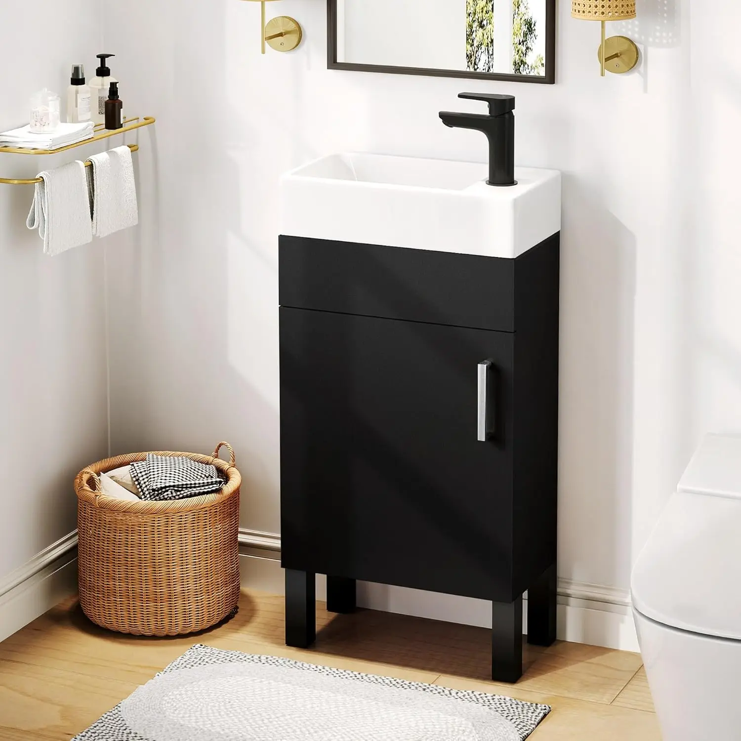 16 Inch Bathroom Vanity Sink Combo for Small Space, Freestanding Bathroom Cabinet with Undermount Ceramic Sink, Black