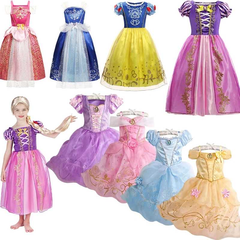 

2024 Disney Children Princess Dress Rapunzel Cosplay Costume Girls Cinderella Snow White Aurora Sofia Birthday Party Clothings