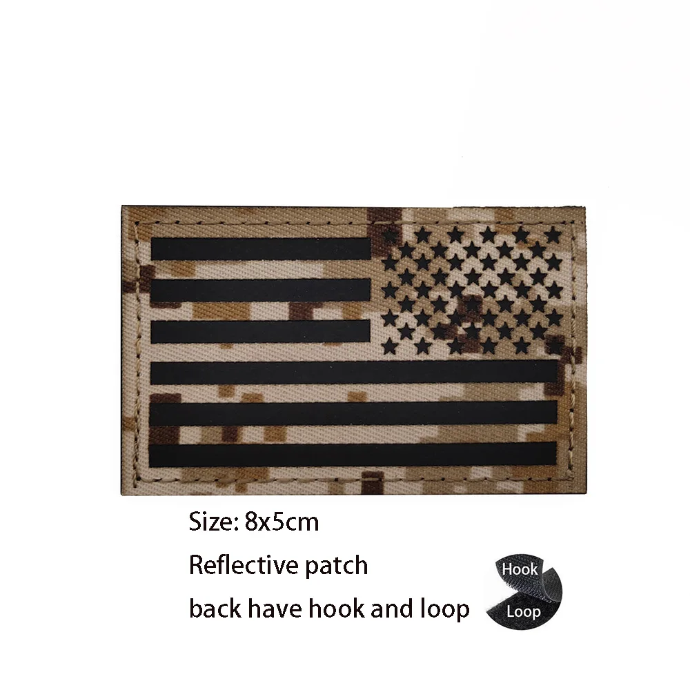 Outdoor-Taschenzubehör, lasergeschnittenes R-Abzeichen mit amerikanischer Flagge, taktische Moral CP Camo, reflektierende Sterne und Streifen, Haken-Rucksack-Patch – Detail 4