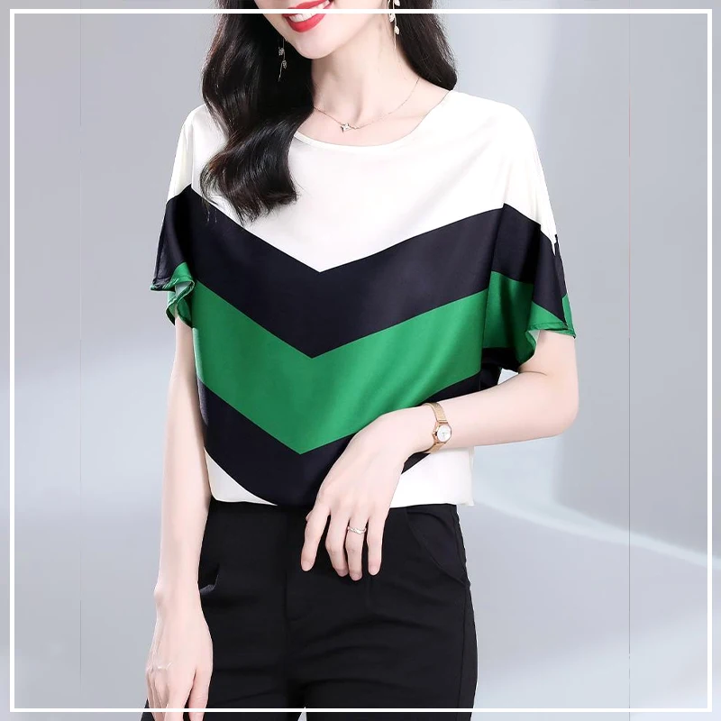 

2024 New Summer Retro Western Hong Kong Style Casual Loose Oversize Fashion Round Neck Color Block Short Sleeve Chiffon Shirt