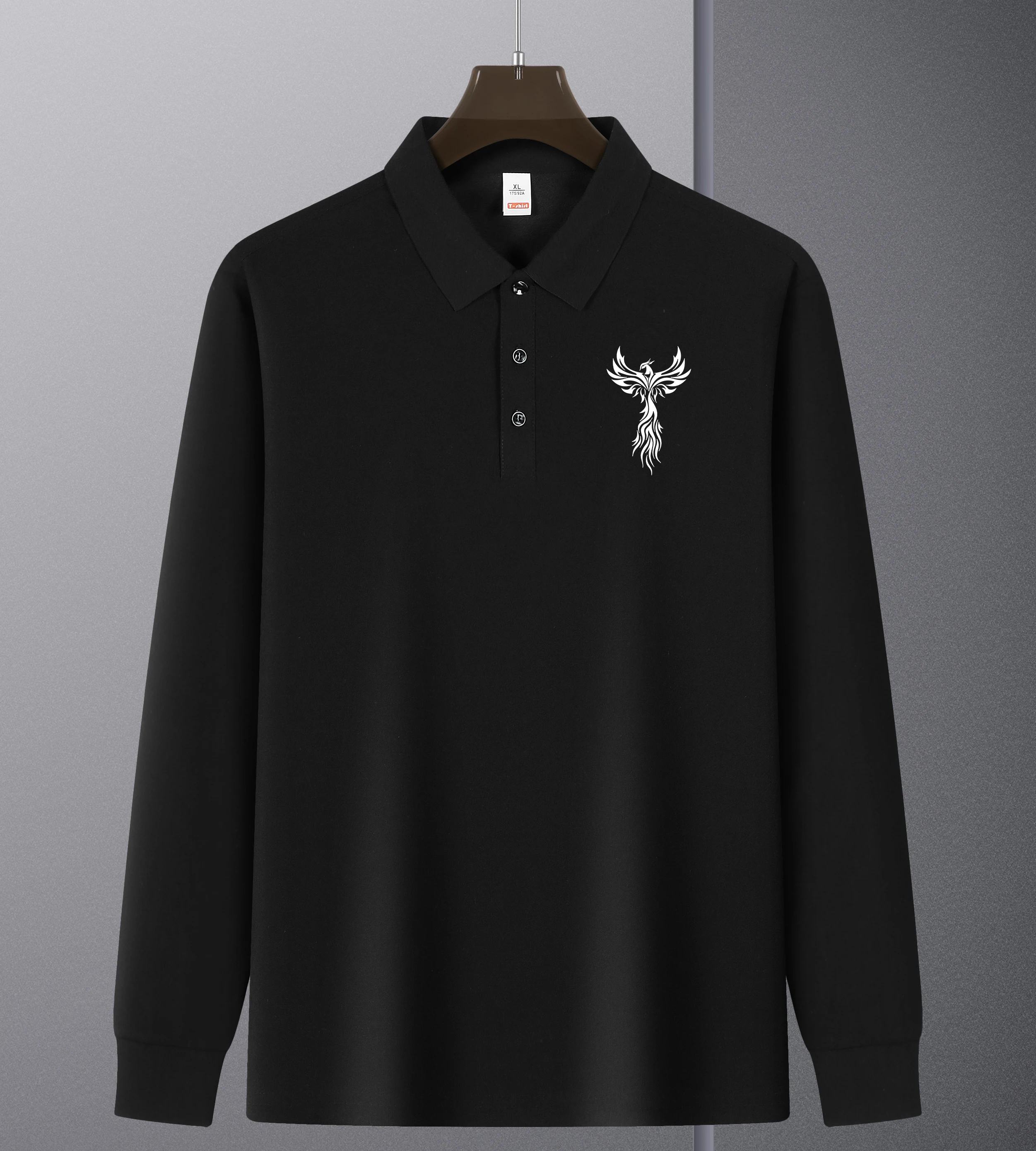 Phoenix Bathing In Fire Print Revers Polo Shirt Men Business Casual Autumn New Fashion Clothes Male Soft Basics Long Sleeve