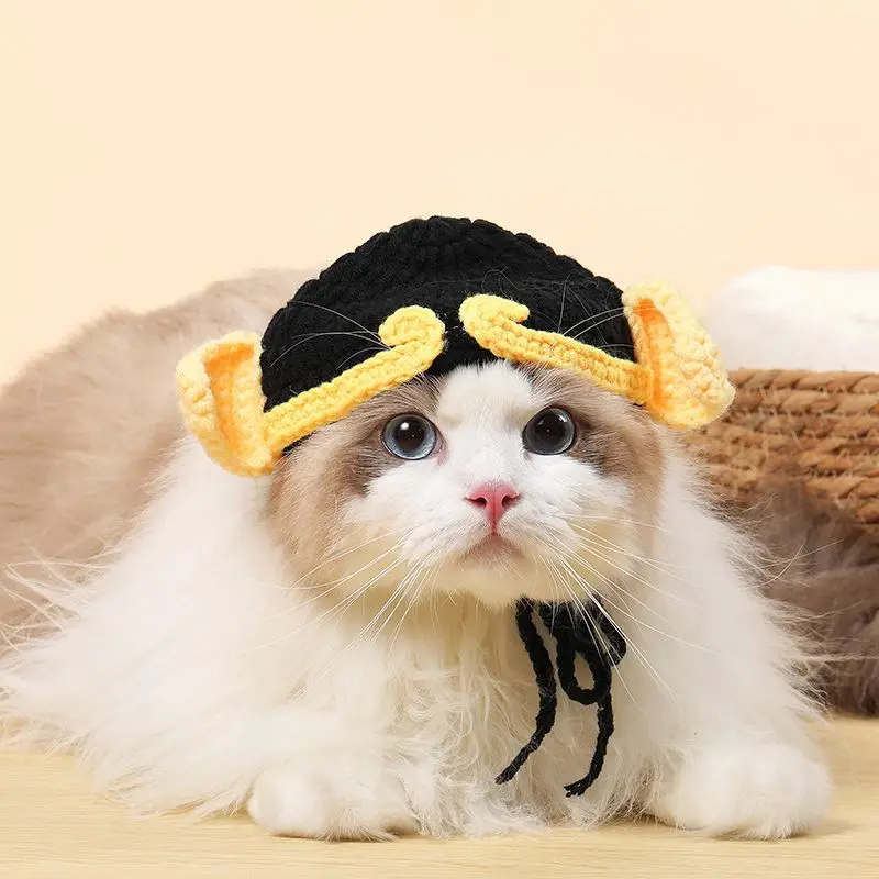 Cute Cat Hat Wool Yarn Hand Knit Funny Headdress Puppy Kitten