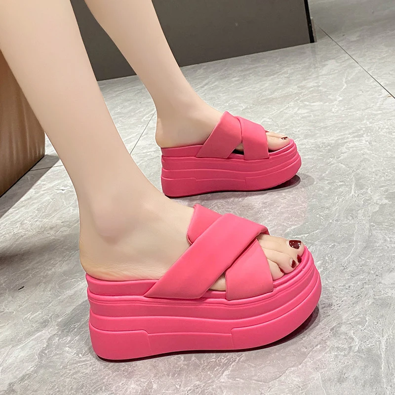 High Platform Slippers For Women Open Toe Leather Wedges Chunky