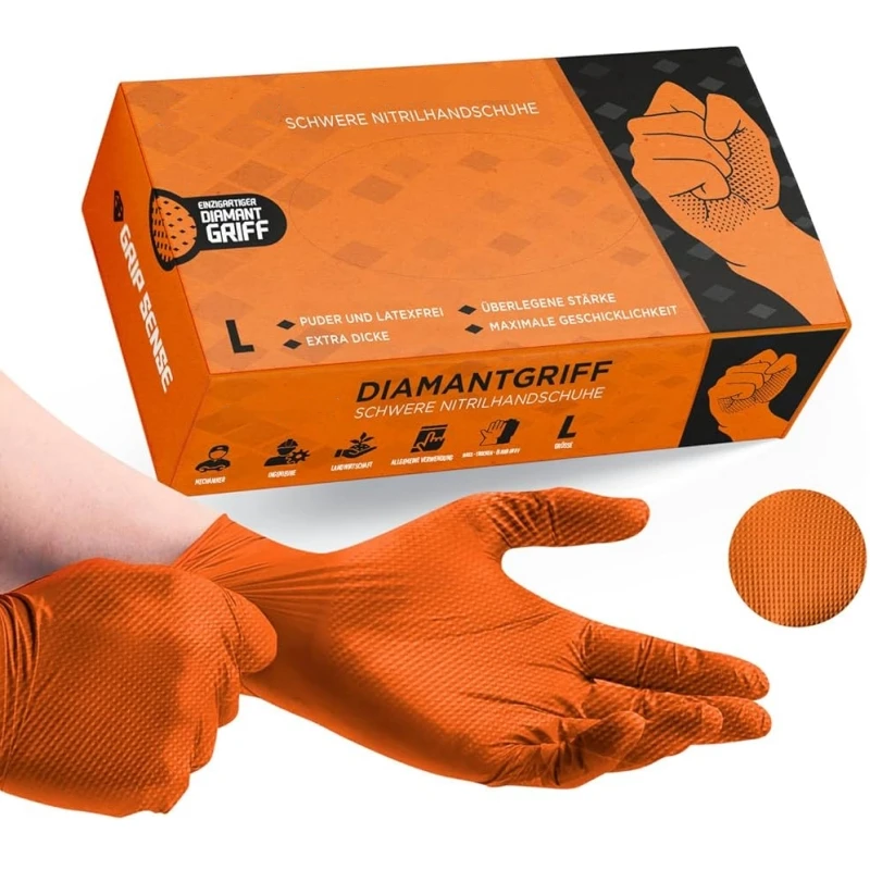 Heavy Duty Orange Industrial Nitrile Gloves