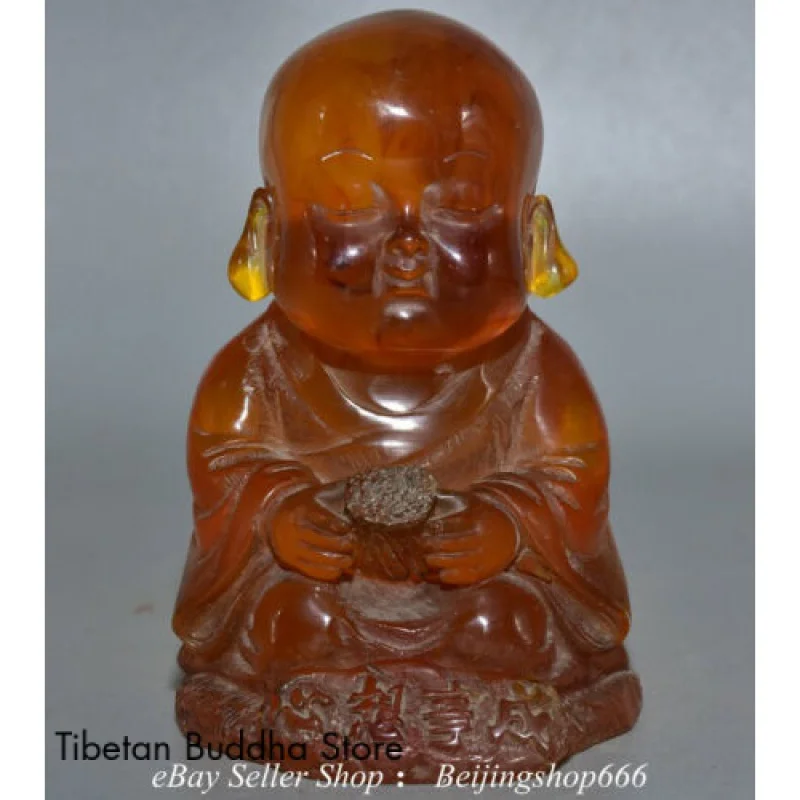 

5.6" Old Chinese Amber Carved Seat Child Tongzi Monk Statue Sculpture