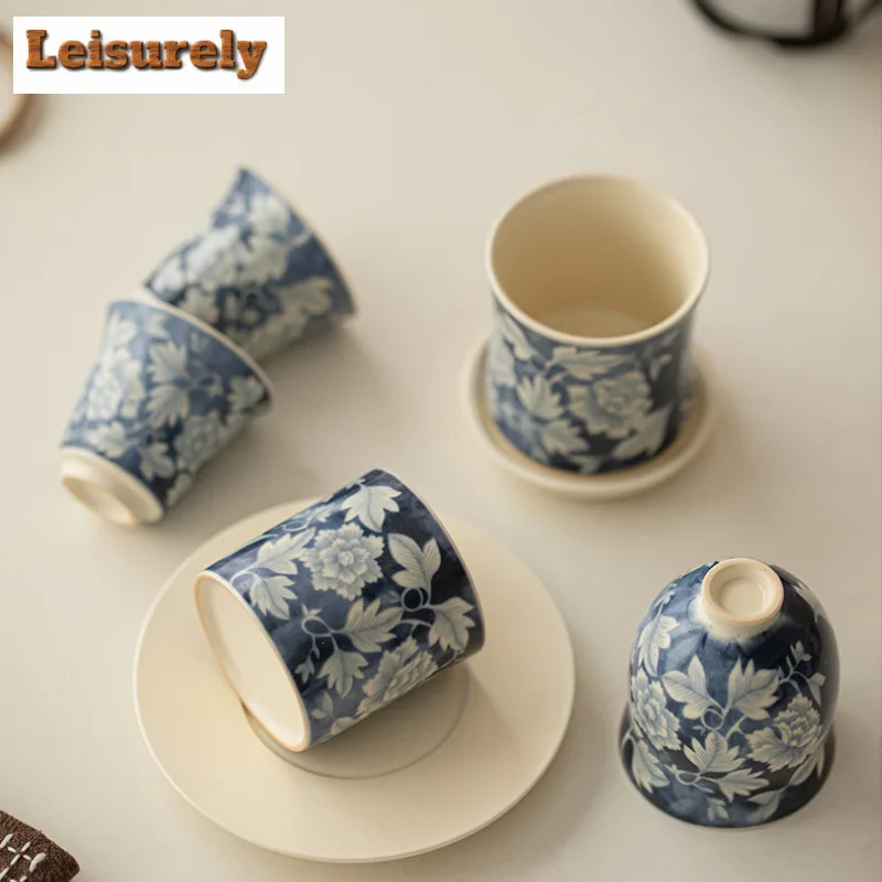 Soda Glazed Yuan Blue and White Ceramic Teacup Retro Tea Bowl Cute Cup Tea-tasting Smelling Cup Chazhan Master Cups Drinkware