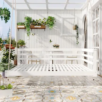 Outdoor Porch Swing Bed – Acacia Wood Hanging Bed with Hemp Ropes 1