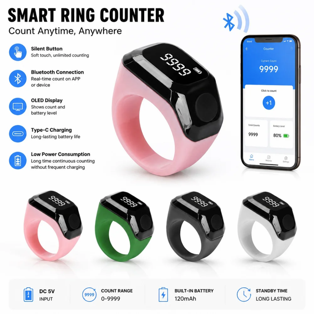 Contatore Smart App Ring, Contatore Bluetooth Portatile con Display Digitale OLED, Contatore Indossabile da 0 a 9999, Porta Type-C