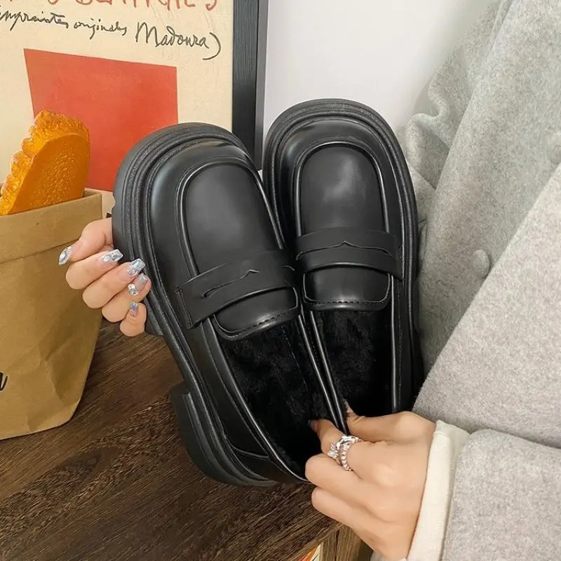 Leather Platform Loafers Woman British Style Thick Heels Oxfords Shoes Women Slip On College Gothic Shoes Fashion Vulcanized New