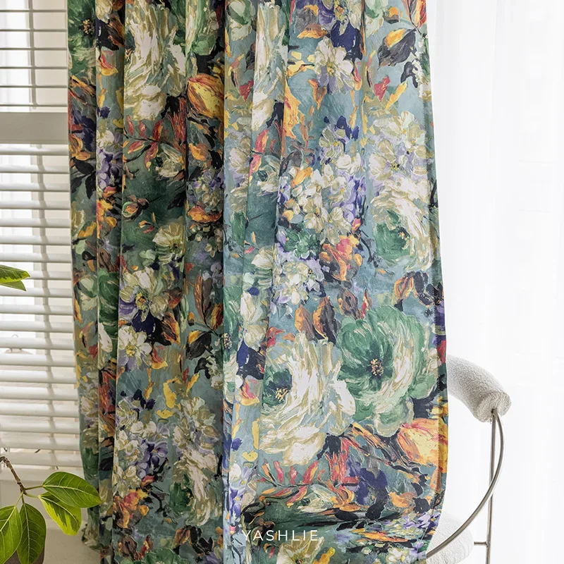 Living Dining Room Bedroom Oil Painting American Retro Printing Abstract Light Luxury Cotton Linen Pastoral Curtains 4