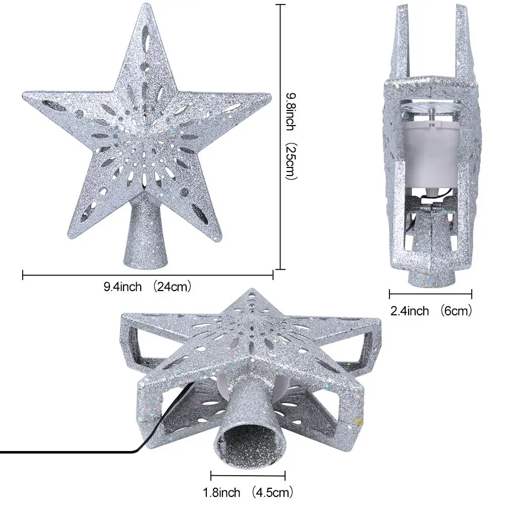 Christmas Star Decoration Christmas Tree Topper Lighted Star Tree Topper with Rotating Snowflake Projector Lights Glitter Hollow Star