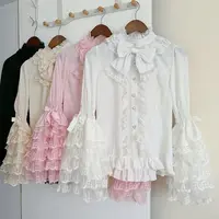 Gothic & Sweet Lolita Shirt - Long Sleeve Ruffled Blouse for JSK Dresses, Kawaii Doll Lace Top with Puff Sleeves in Pink/White