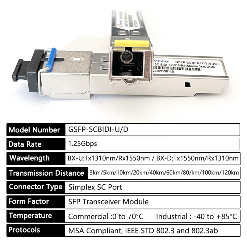 1.25G SC Bidi SFP Module 3km~80km Tx1310nm/Rx1550nm Mini GBIC WDM SFP Fiber Transceiver Module For Cisco/Mikrotik/Ubiquit/Zte