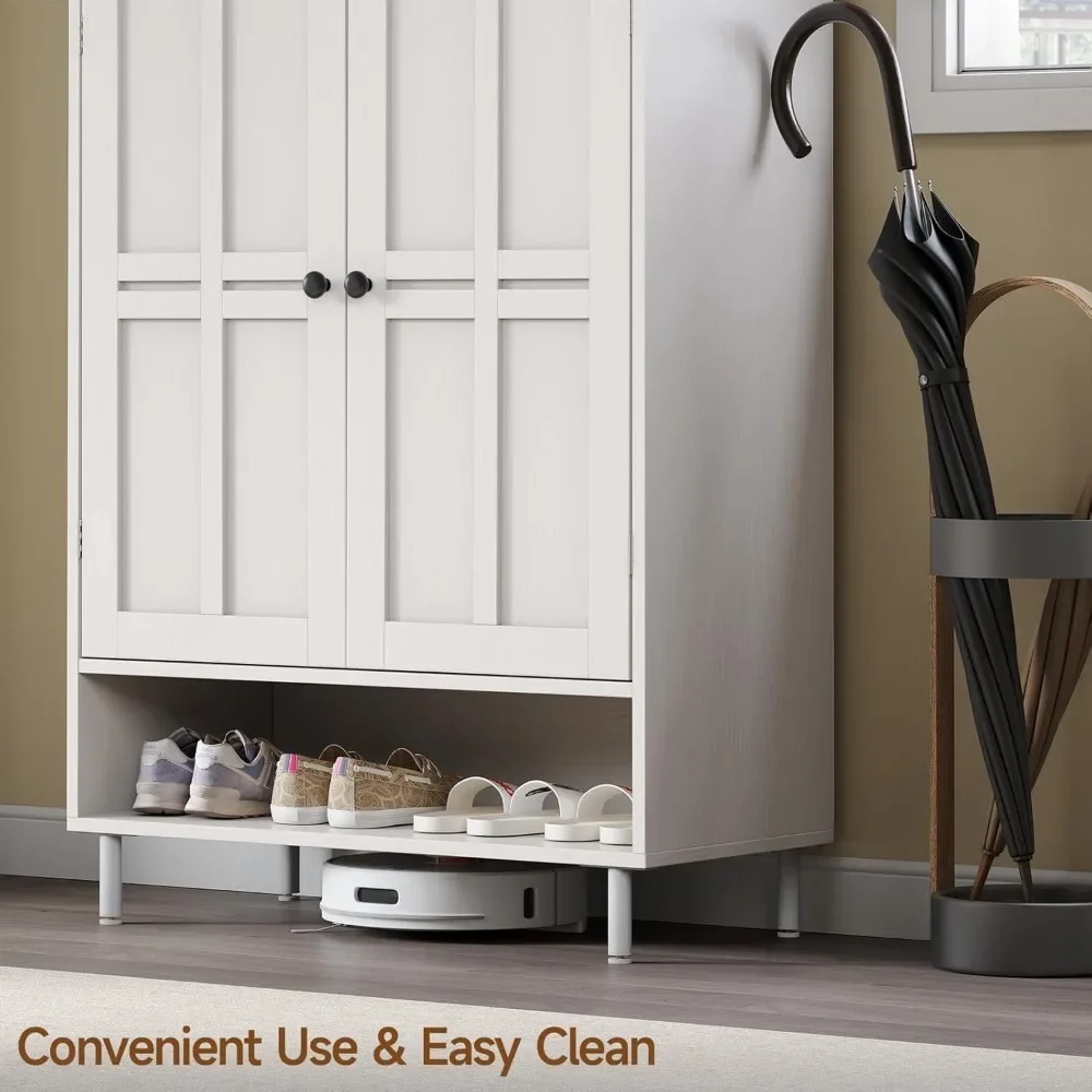 Shoe Storage Cabinet with Cross Molding Doors, 6-Tier Farmhouse Shoe Cabinet with 3 Adjustable Shelves and Metal Legs, 45'' Tall