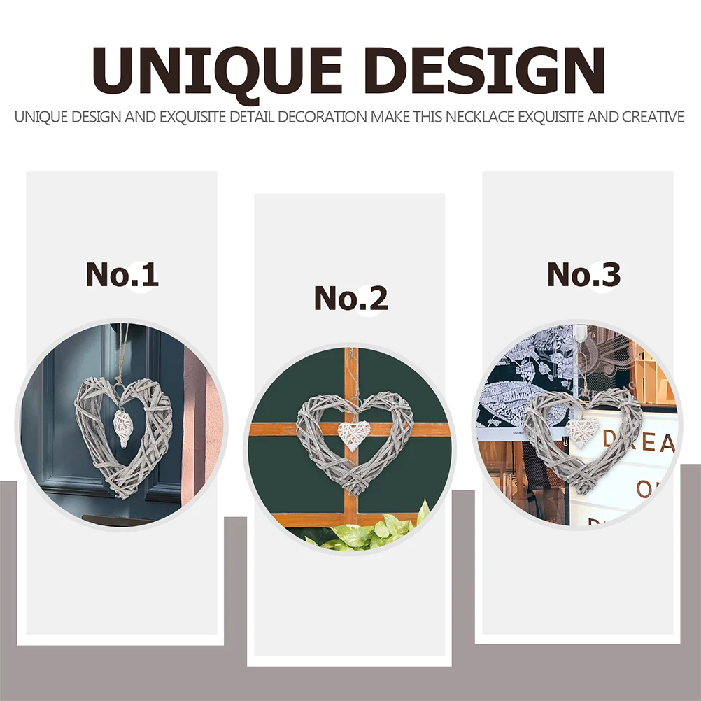 3 Pcs Heart Shaped Hanging Decorations Door Wreath Rattan Wicker Wall Decor Living Room Bedroom Kitchen Home Decor Wind Chimes 4