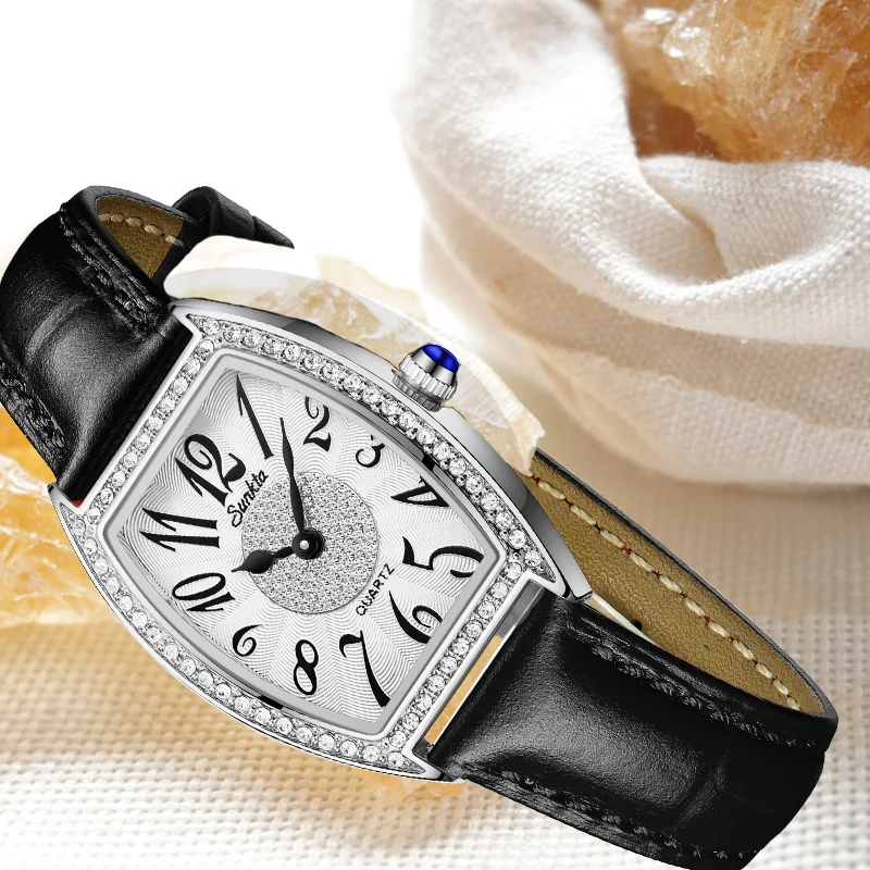 SUNKTA Rhinestones Watches Quartz Wristwatches for Wommen Fashion Luxury Watches Leather Band Waterproof Watches reloj mujer Gif