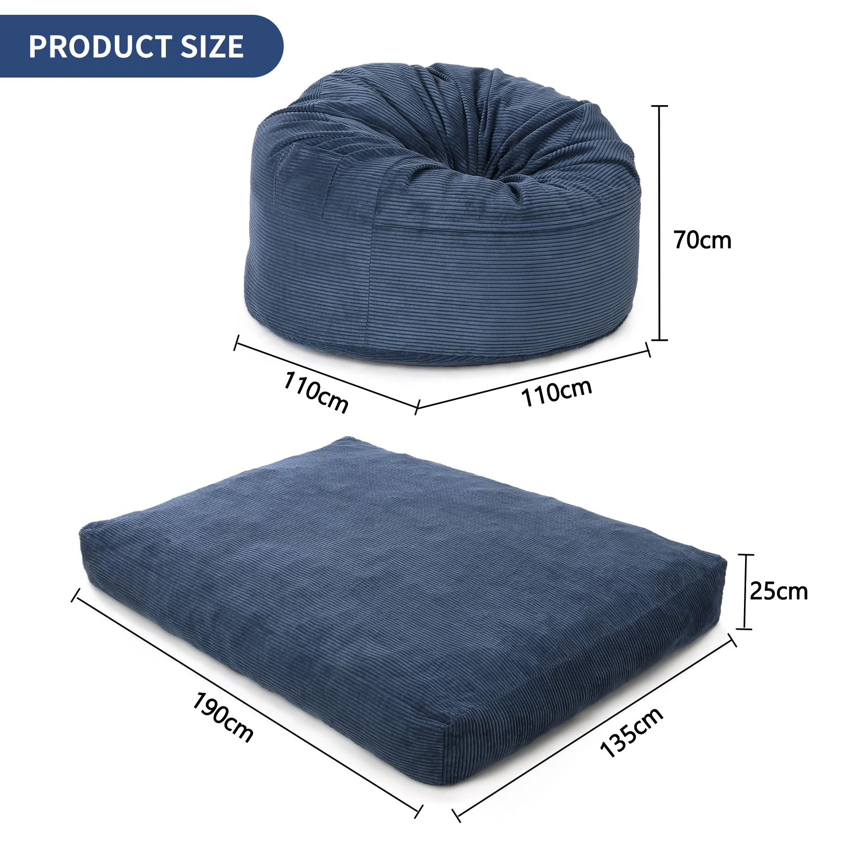 Riesiger Cord-Sitzsack für Erwachsene, 2-in-1 Konvertierbares Bodensofa zu Matratze mit Abnehmbarem Waschbarem Bezug – Detail 9