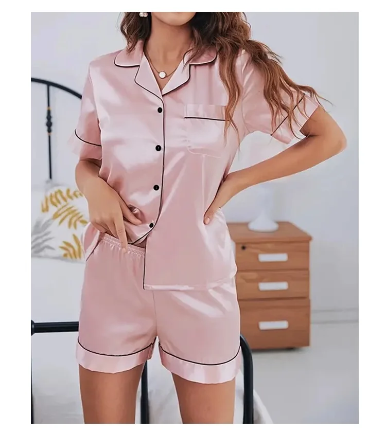 Sommer Seide Satin Frauen Pyjamas Set Button Down Top & Shorts 2 Stück Nachtwäsche gekerbten Kragen Nachtwäsche Lounge wear für Frauen – Detail 10