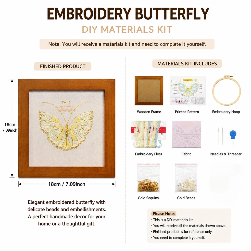 Elegant Pearl Embroidery Kit with Champagne Floral Butterfly Design - Includes Frame and Accessories