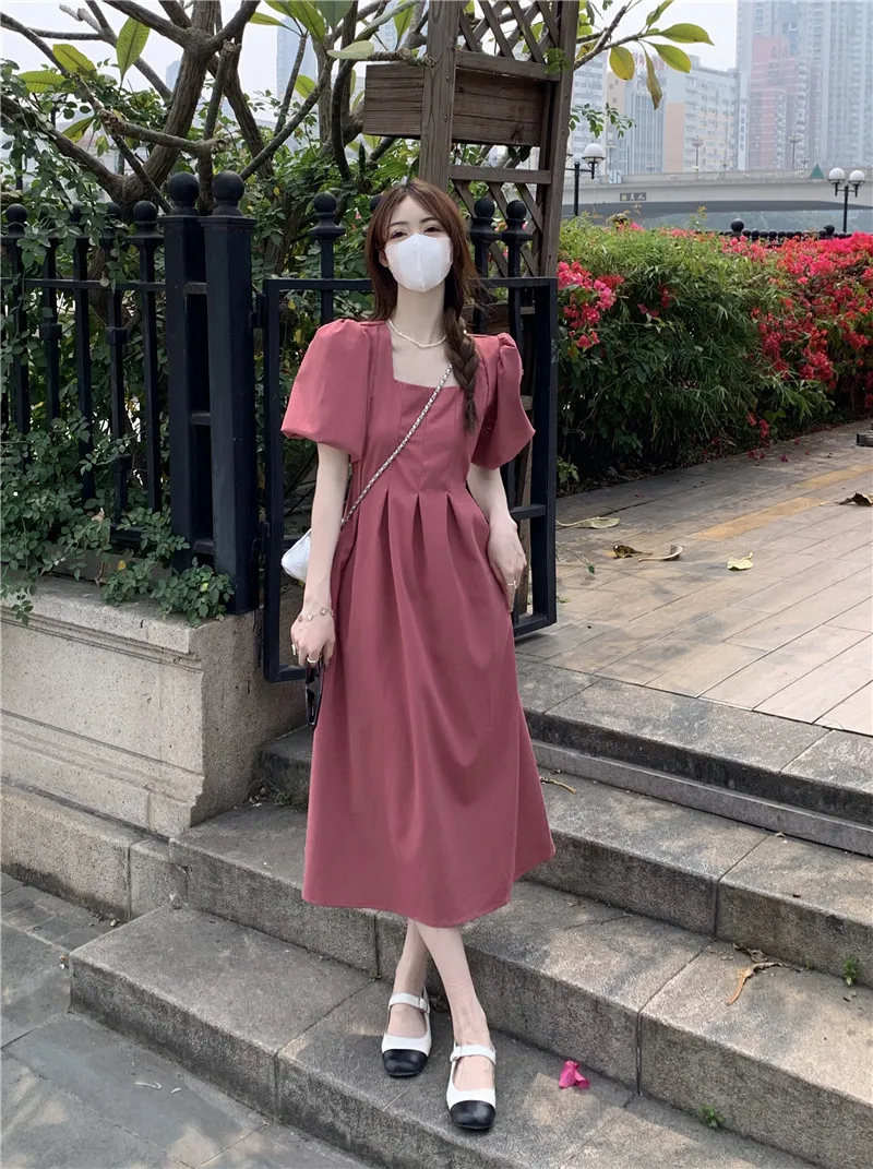 

2024 Women Summer New French Square Collar Long Dress Female Solid Color A-line Dresses Ladies Loose Casual Vestidos X144