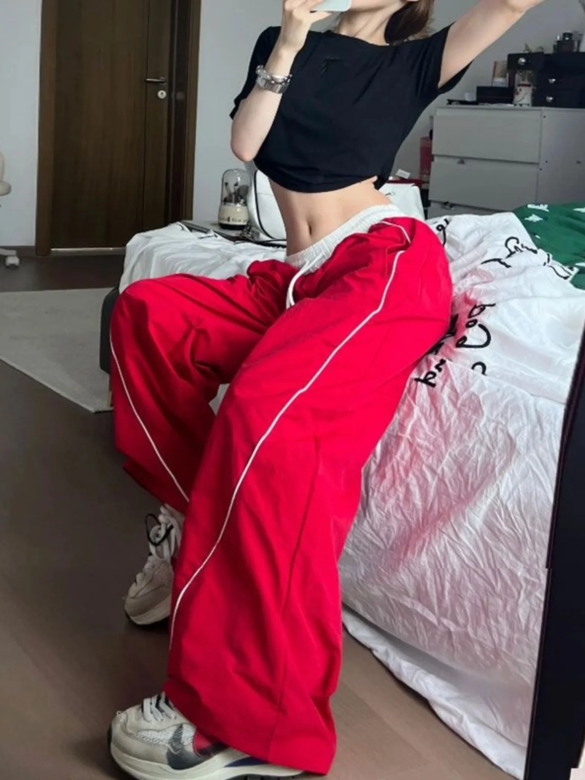 American Sle Work Pants Women's Summer Qui Dry Patchwork Red Wide Leg Pants Jazz Dance Casual Pants High Waist Long Pants