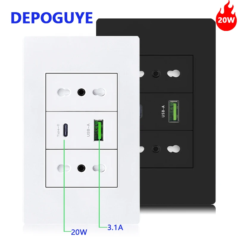 흰색/검정색 임베디드 이탈리아 칠레 플러그 usb C 벽면 소켓, 16A 전원 스트립, 스마트 Type-c 20W 고속 충전 소켓 어댑터