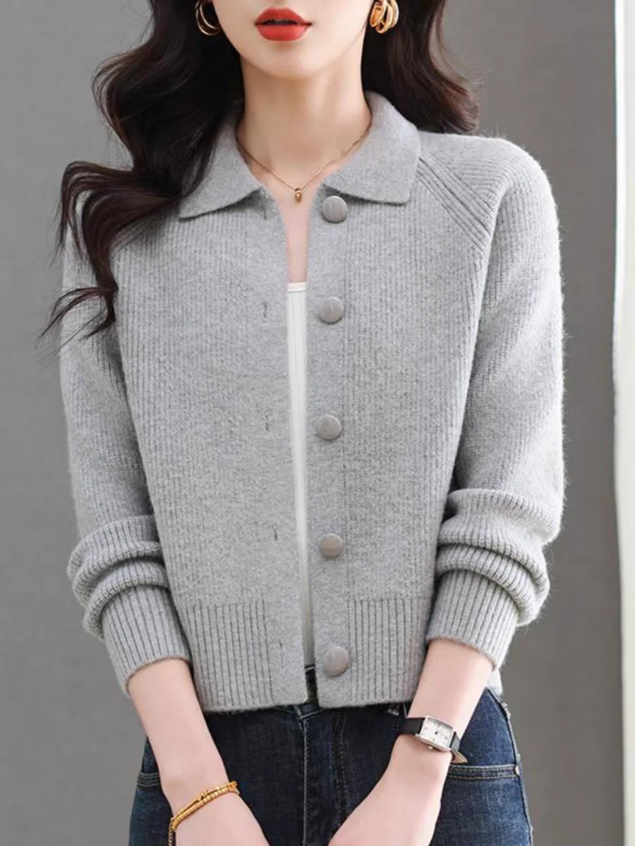 Women's Knitted Cardigan Short High Waist  Collar Casual Outerwear Fashionable Autumn Winter New Style Small Size Friendly - 2