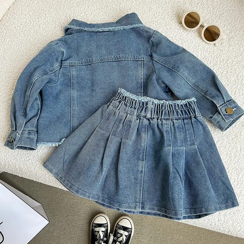 2-8 year old girl's denim set with retro lapel long sleeved denim