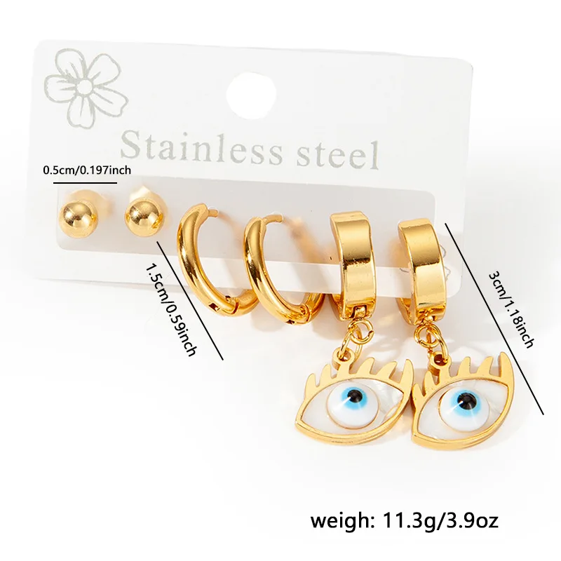 Chic Stylish Trendy 18K Gold Plated Stainless Steel Blue Turkish Eyes Earrings Jewelry 3Pair/Set Earrings For Women 9
