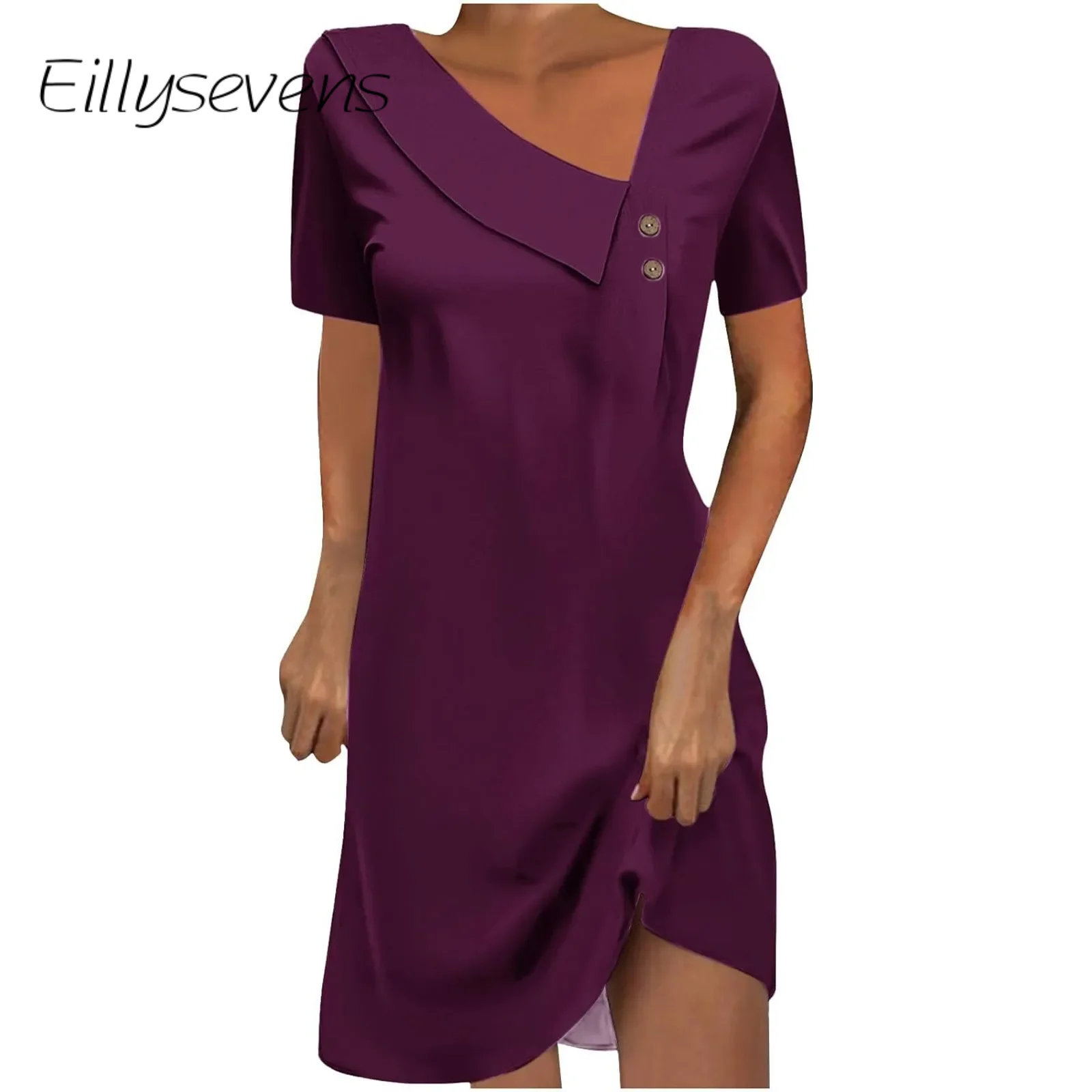 

Женское летнее платье, новое однотонное платье с коротким рукавом и косым воротником, Новинка лета 2024, свободное элегантное модное Повседневное платье на пуговицах