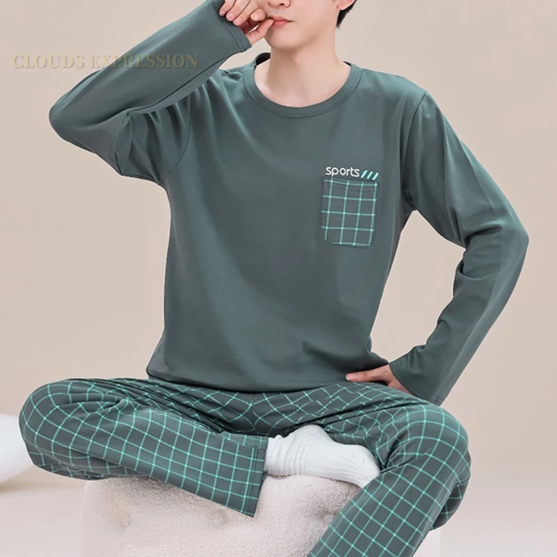 Pajamas Set Men Spring Autumn Big 5XL Knitted Sleepwear Clouds Printting Pajamas Sets