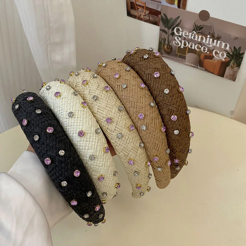 

European and American Simple High-Grade Straw Mat Woven Diamond-Laid Headband Versatile Hairpin for Hair Washing Headdress