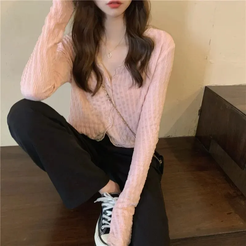 여성 브이넥 긴팔 크롭탑, 슬림해 보이는 레이스 패치워크, 프렌치 스타일 가디건, 니치 디자인 아우터