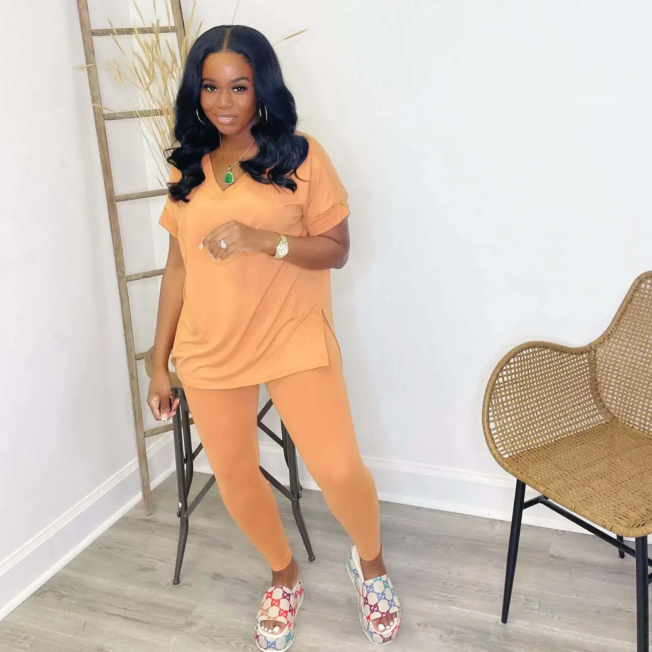 Solid V Neck Casual Loose Long Pant Set 2024 Summer 2 Two Pcs Sets Casual Tracksuits Street Outfits -- Color : Ivory - Size : XL