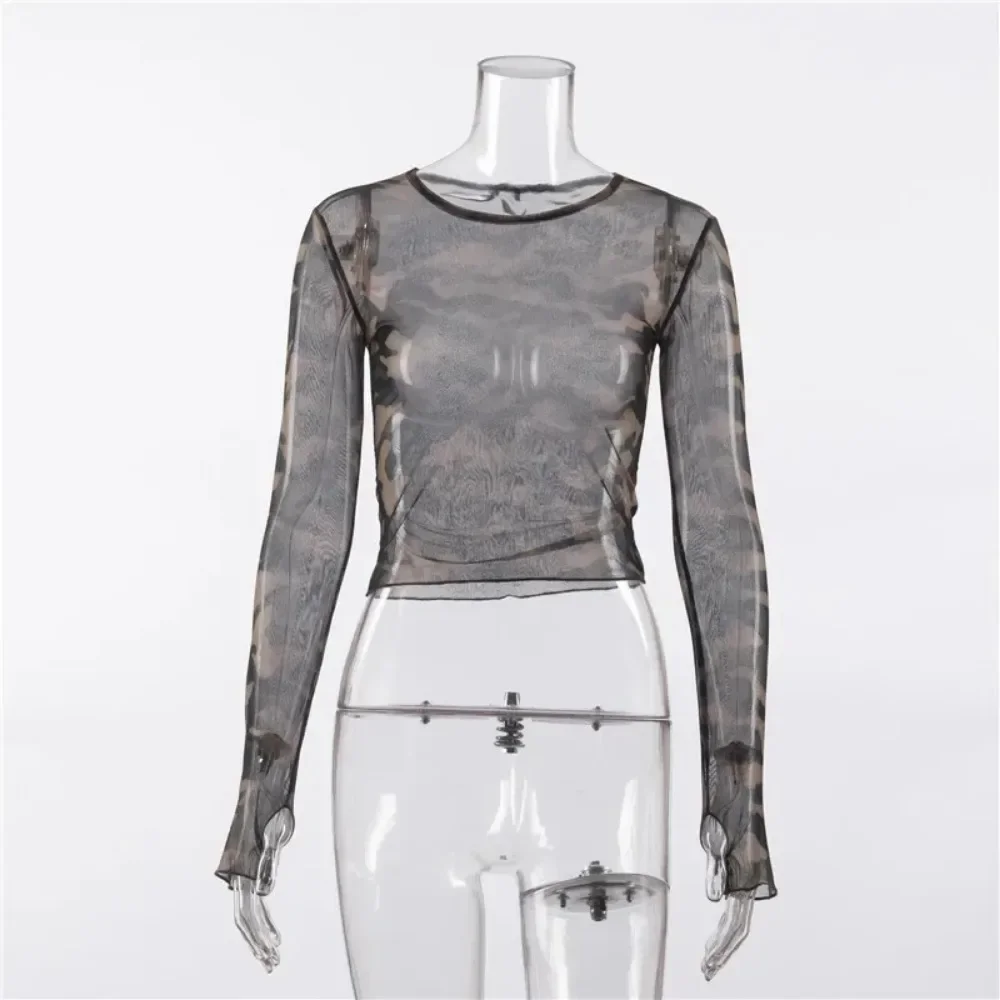 Women Crop Tops Long Sleeve Camouflage Print Tees T-shirt Fashion Mesh See Through Ladies Sexy Short Women Summer Y2k Top