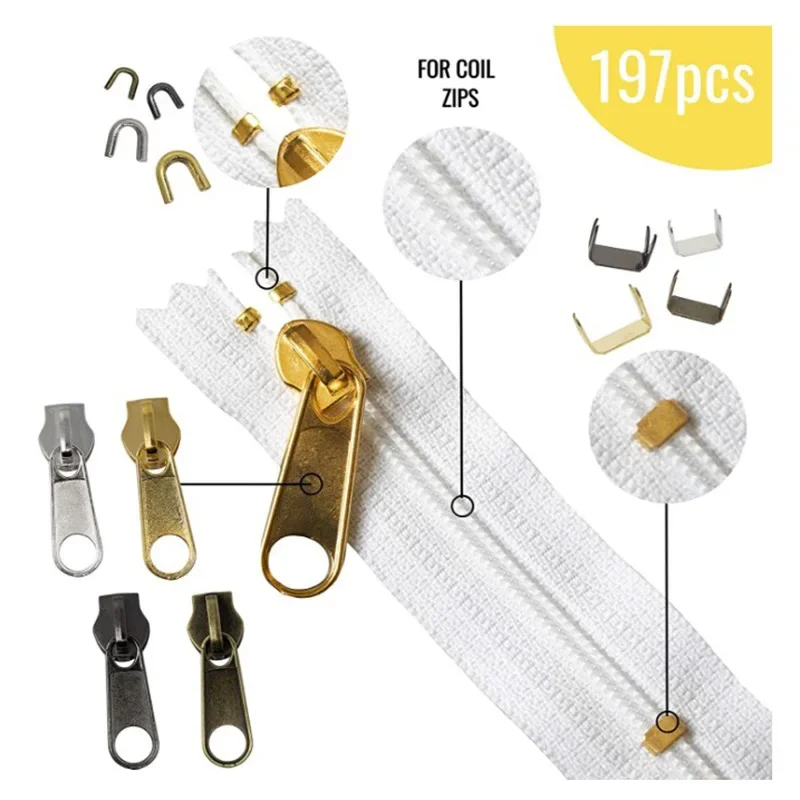 85/197pcs Zipper Sliders Repair Kit Replacement Tent Zipper Head Luggage Puller Slide with Plier for DIY Sewing Tools
