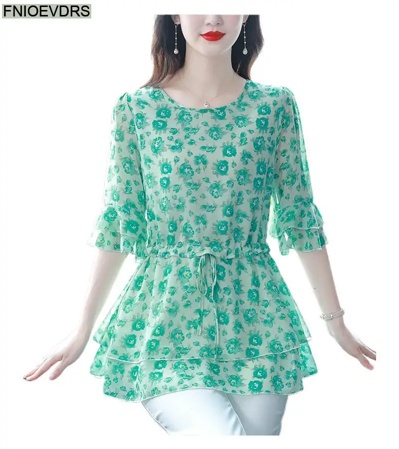S-4XL Loose Clothes 2023 Women Summer Short Sleeve Elegant Ruffles Shirts Casual Chiffon Floral Tunic Peplum Tops And Blouses