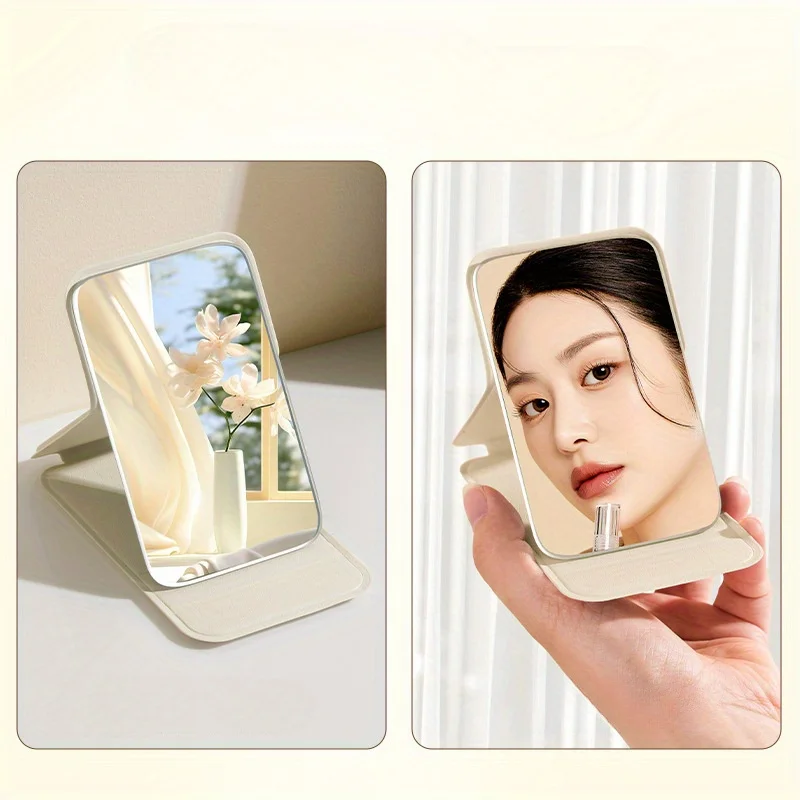 PU 스탠드가 있는 휴대용 접이식 미니 화장 거울, 심플한 데스크탑 디자인, 기숙사 및 데스크탑 사용에 적합 - 일상적인 메이크업을 위한 필수품
